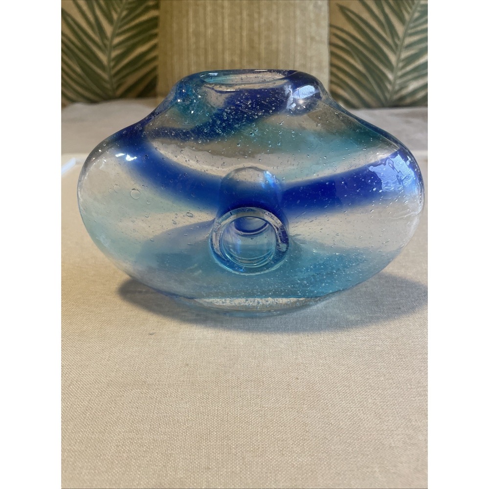 Vintage Italian Art Glass Vase with Donut Hole Blue Ribbon Swirls Hand Blown 5x7